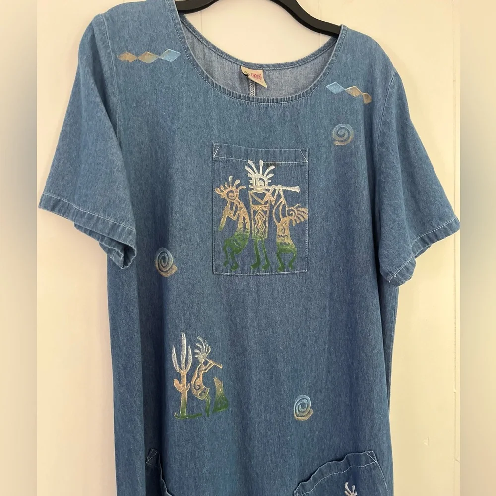 Cactus California Vintage Denim Dress Hand- Painted Kokopelli & Cactus Sz Large - Picture 2 of 16